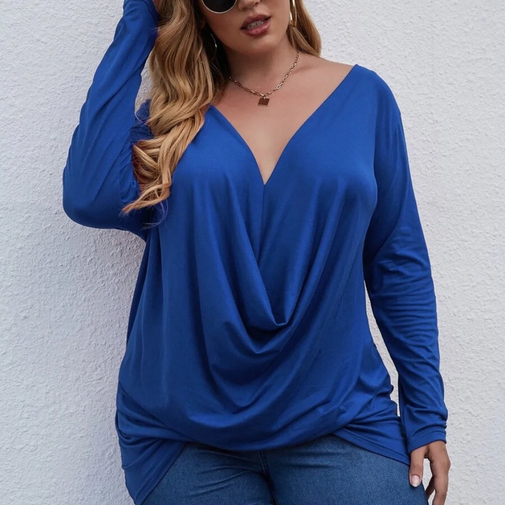 Plus Royal Blue Solid drape Front Long Sleeve Top - Picture 2 of 9